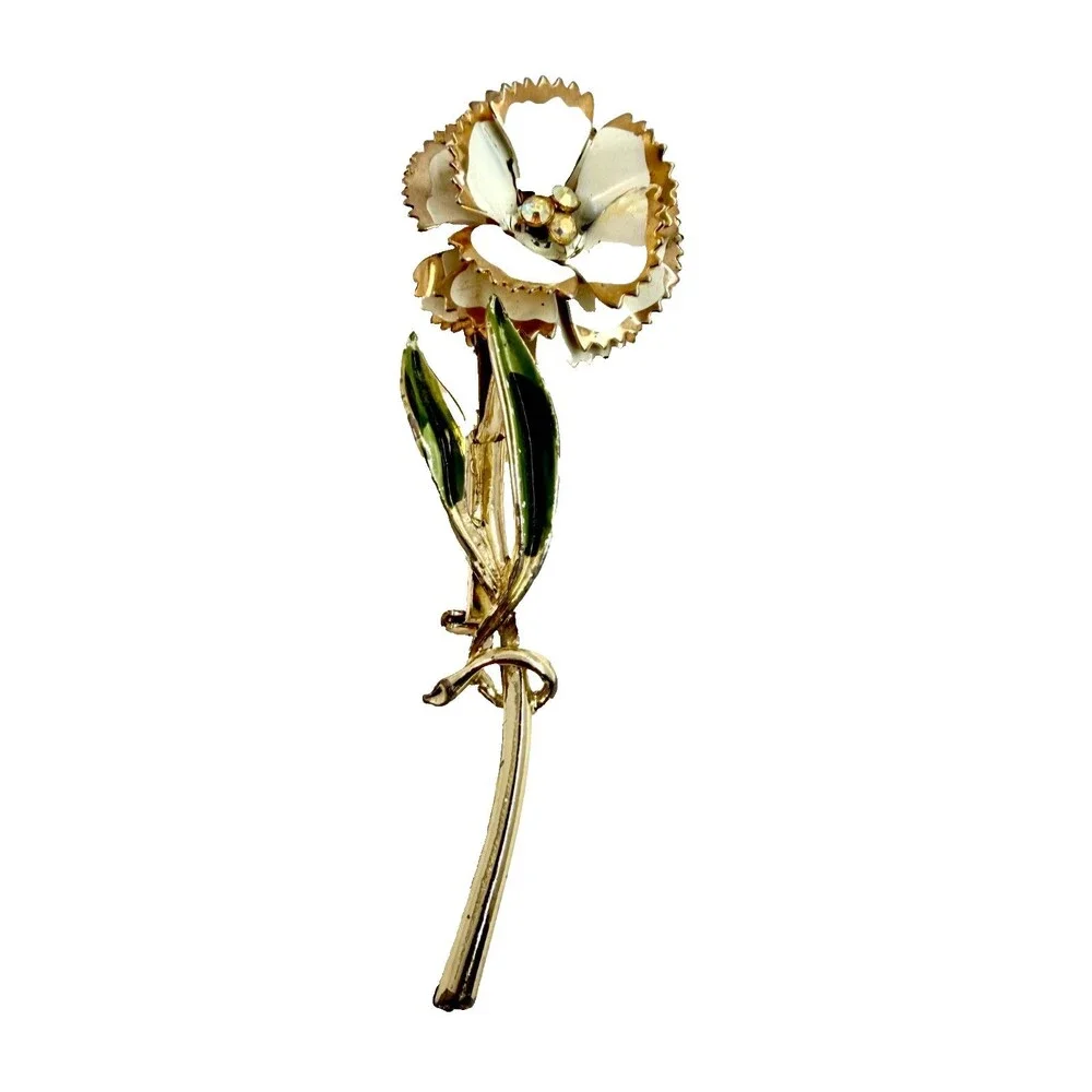 Vintage 60s Enamel Flower Brooch Long Stem Gold Tone White Floral Pin Rhinestone